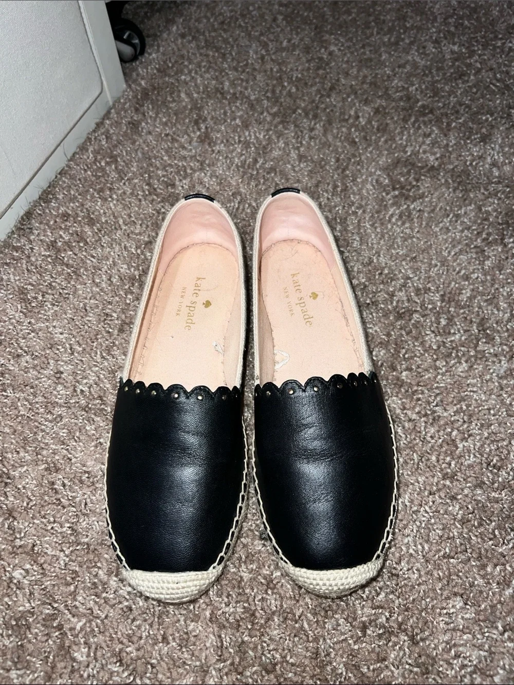 kate spade Black Leather Espadrille Flats with Scalloped Edge